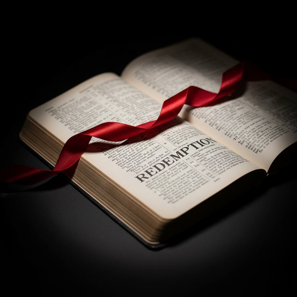 A rich, crimson ribbon winds across an open Bible, stopping precisely at a page where the word “REDEMPTION” appears in a clear, bold font within the text. The Bible rests on a matte black surface that contrasts dramatically with the warm, cream-colored pages. A single, focused overhead light creates a spotlight effect on the open spread, leaving the surrounding area in soft shadow and accentuating the gentle curve of the pages. Captured at a close, oblique angle, the camera focuses tightly on the ribbon and the highlighted word, while margins and surrounding text blur into the background. The photographic, high-contrast composition conveys weighty seriousness and hope, underscoring the centrality of redemption in gospel theology.