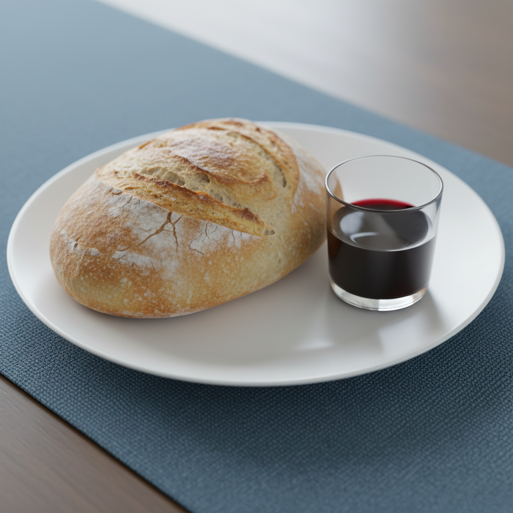 A pristine white ceramic plate sits on a slate-blue table runner, holding a single piece of unsliced artisan bread and a small, clear glass cup of deep red grape juice. The bread’s crust is golden and textured, with soft crumbs visible where it has slightly cracked. Overhead, gentle, cool-toned daylight filters in, producing subtle reflections on the glass and a soft sheen on the plate. Shot from a slightly elevated angle, the focus is sharp on the bread and cup while the table edges blur gradually. Executed in photographic realism with a clean, professional aesthetic, the atmosphere is reverent and simple, visually evoking the gospel themes of sacrifice, communion, and remembrance without any human presence.