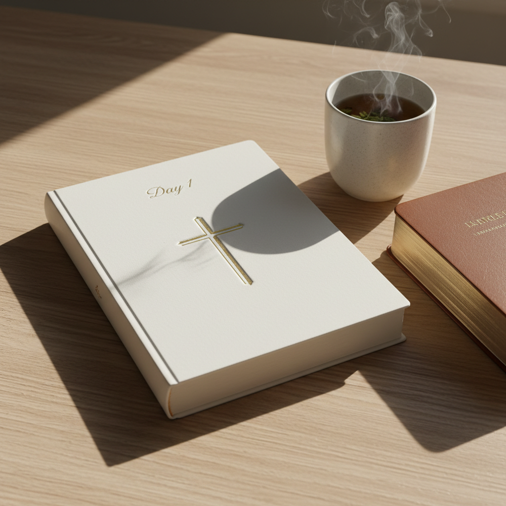 A clean, white journal embossed with a subtle gold cross on the cover lies centered on a light oak desk, opened to a page titled “Day 1” in elegant printed lettering. Beside it sits a closed Bible with slightly worn edges and a small ceramic cup of herbal tea, faint steam rising. Diffused afternoon light falls diagonally across the scene from the upper right, creating soft highlights on the paper and gentle shadows along the journal’s spine. Captured from a slightly elevated angle with a balanced composition, the image uses photographic realism and muted, natural tones to evoke a disciplined yet inviting mood, perfectly suited to a structured 30-day gospel meditation journey.