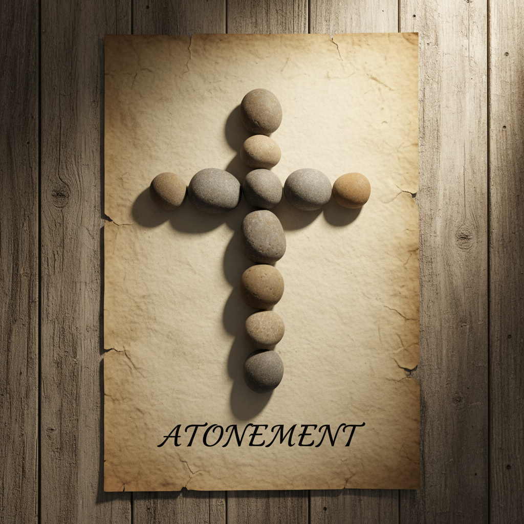 A cross-shaped arrangement of small, smooth river stones is carefully laid out on a parchment-colored sheet of paper, where the word “ATONEMENT” is handwritten in neat, dark ink just below the horizontal beam. The composition rests on a rustic wooden surface with visible knots. Warm, diffused lamplight from the upper right washes over the stones, bringing out their varied gray and taupe tones and casting soft, overlapping shadows. Captured from directly above in photographic realism, the cross is centered while the handwritten term sits in the lower third, establishing a clear visual hierarchy. The scene feels meditative and grounded, connecting the weight of a key gospel doctrine with tangible, earthy textures.