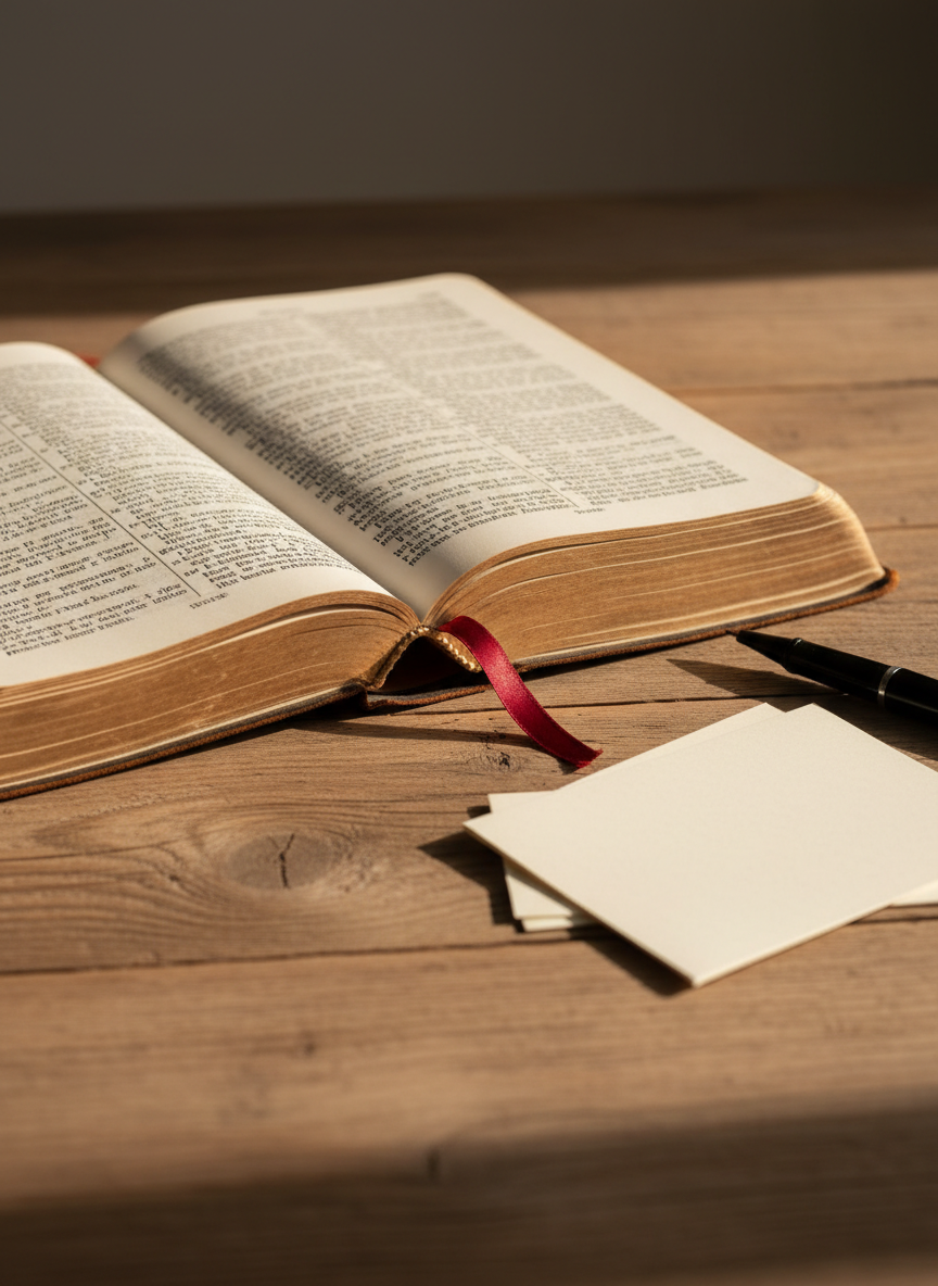An open, well-worn leather Bible resting on a simple wooden table, its gilded pages gently curved and a single red ribbon marker lying across a passage. Around it are a few neatly arranged blank ivory notecards and a fine-point black pen, suggesting quiet study. Soft morning sunlight streams in from an unseen window to the left, illuminating the textured grain of the wood and casting gentle, contemplative shadows. Shot at eye level with a shallow depth of field, the focus rests sharply on the printed words while the background fades into a warm blur. The photographic realism and minimalist composition convey a calm, reverent atmosphere ideal for devotional reflection on the gospel.