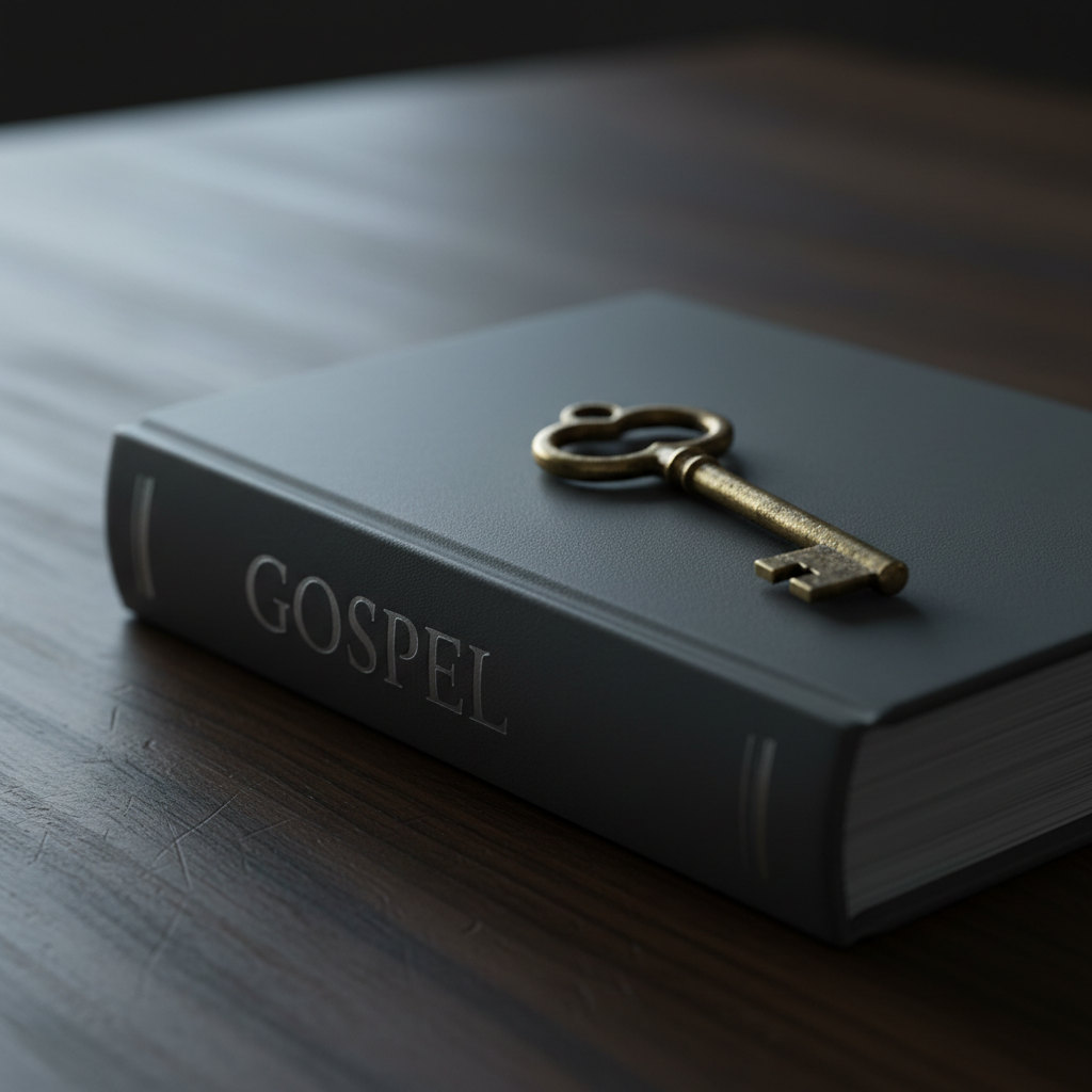 A small, vintage brass key lies atop a closed, charcoal-grey hardcover book embossed with the word “GOSPEL” in understated silver type. The objects rest on a dark walnut desk with visible grain and faint imperfections. A single beam of cool morning light from the upper left grazes the key, causing its worn edges to shimmer subtly, while the rest of the scene remains in soft shadow. Shot at a low, side angle with a medium depth of field, the key dominates the foreground while the title remains clearly legible. The photographic, professional composition creates a mood of mystery and discovery, symbolizing the gospel as the key that unlocks rich theological meaning.