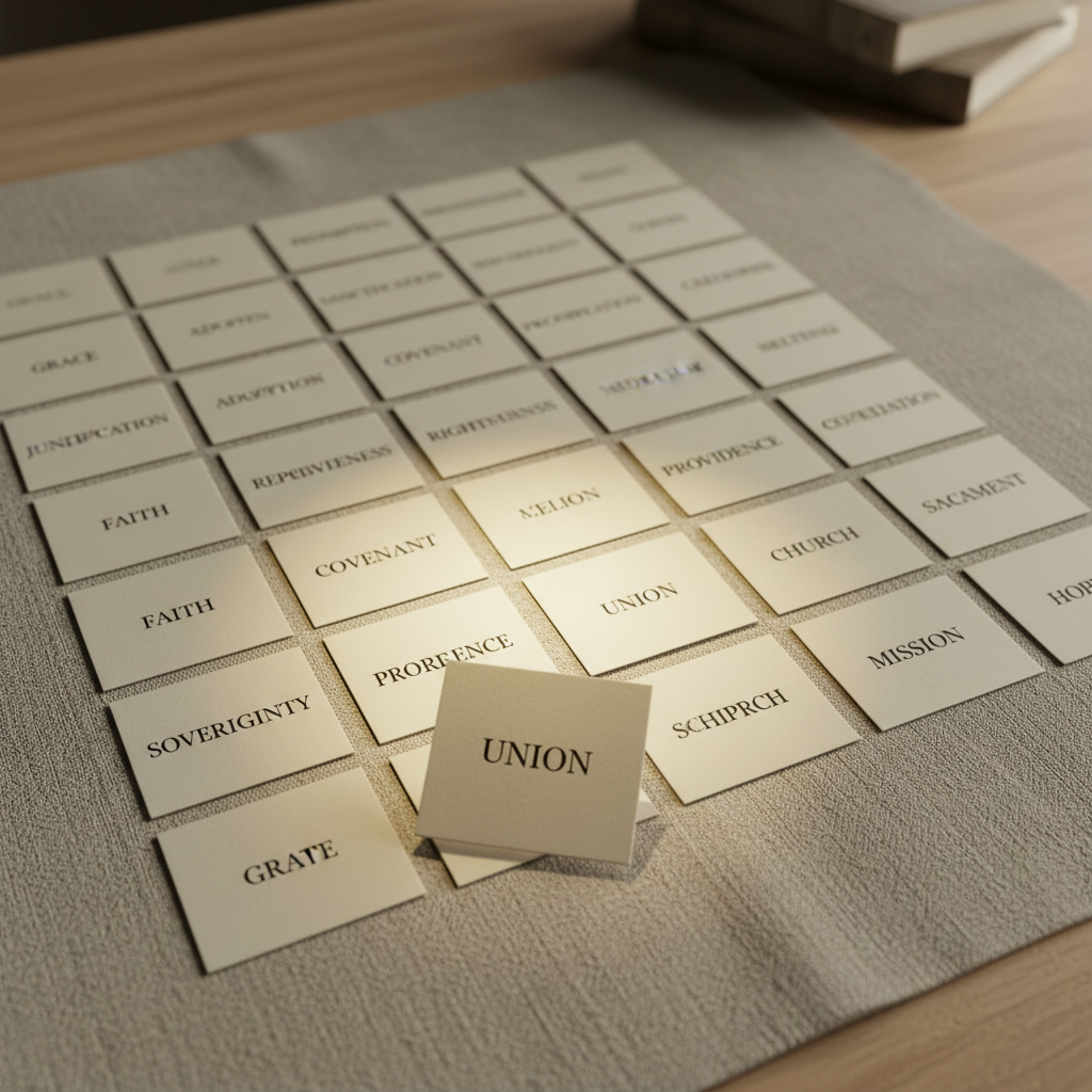 A meticulously arranged grid of 30 small square cards stretches across a neutral linen surface, each card featuring a single gospel-related theological term in refined black lettering: words like “GRACE,” “REDEMPTION,” and “UNION.” One card in the foreground is rotated slightly toward the camera and highlighted by a narrow beam of overhead light, drawing the eye. Subtle shadows between the cards create gentle depth, while the background softly falls out of focus. Captured from a slightly elevated, almost top-down perspective in photographic realism, the palette is calm and monochromatic with hints of warm beige. The atmosphere feels organized, contemplative, and systematic, perfectly visualizing a 30-day progression through interconnected gospel truths.