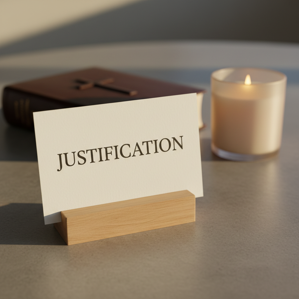 A single theological term, “JUSTIFICATION,” printed in large, clean serif type on thick, textured off-white cardstock, stands upright in a simple wooden card holder at the center of a smooth stone tabletop. Behind it, slightly out of focus, lies a closed leather Bible and a faintly glowing candle in a frosted glass holder. Warm golden-hour sunlight pours in from the right, catching subtle fibers in the cardstock and giving the candle a gentle halo. The composition follows the rule of thirds, with a shallow depth of field emphasizing the word while the background melts into a soothing bokeh. The photographic, professional style communicates clarity, depth, and approachability in gospel theology.
